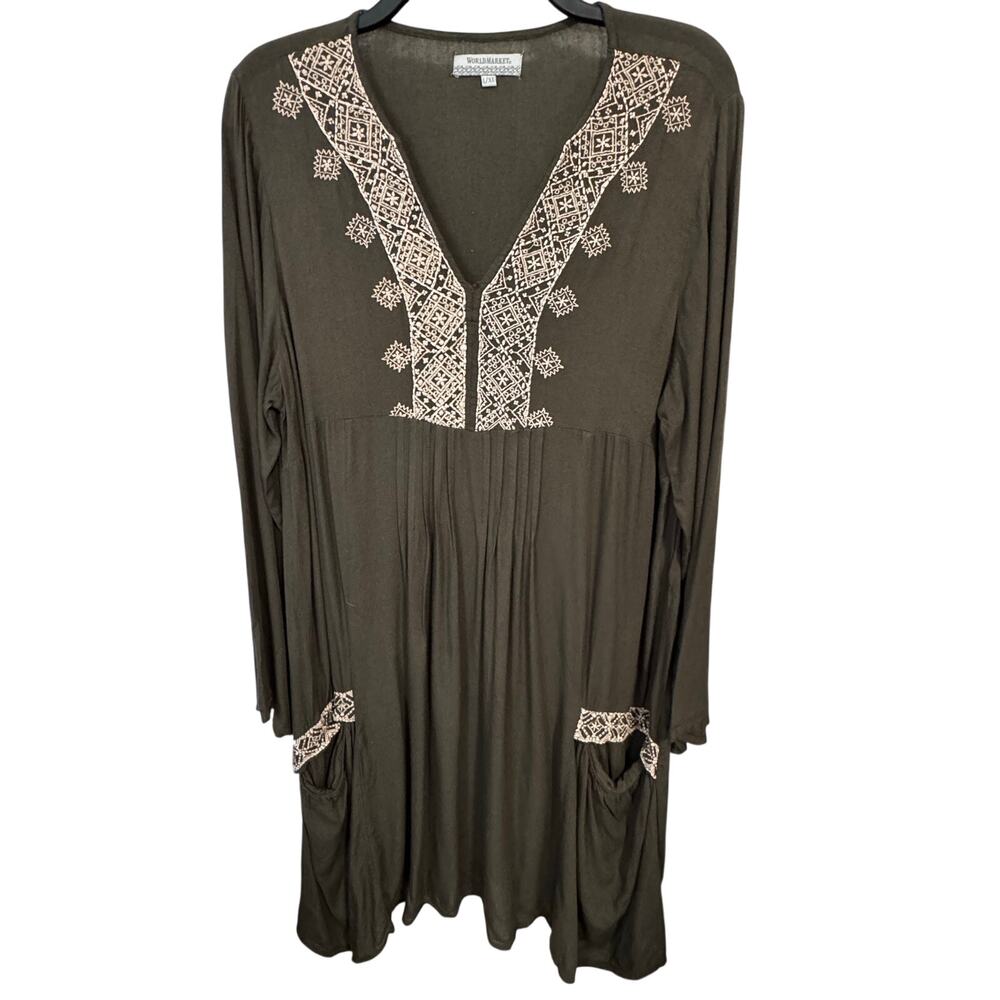 BOHO Tunic/Dress Intricate Geometric Embroidered neck & front pockets L/XL